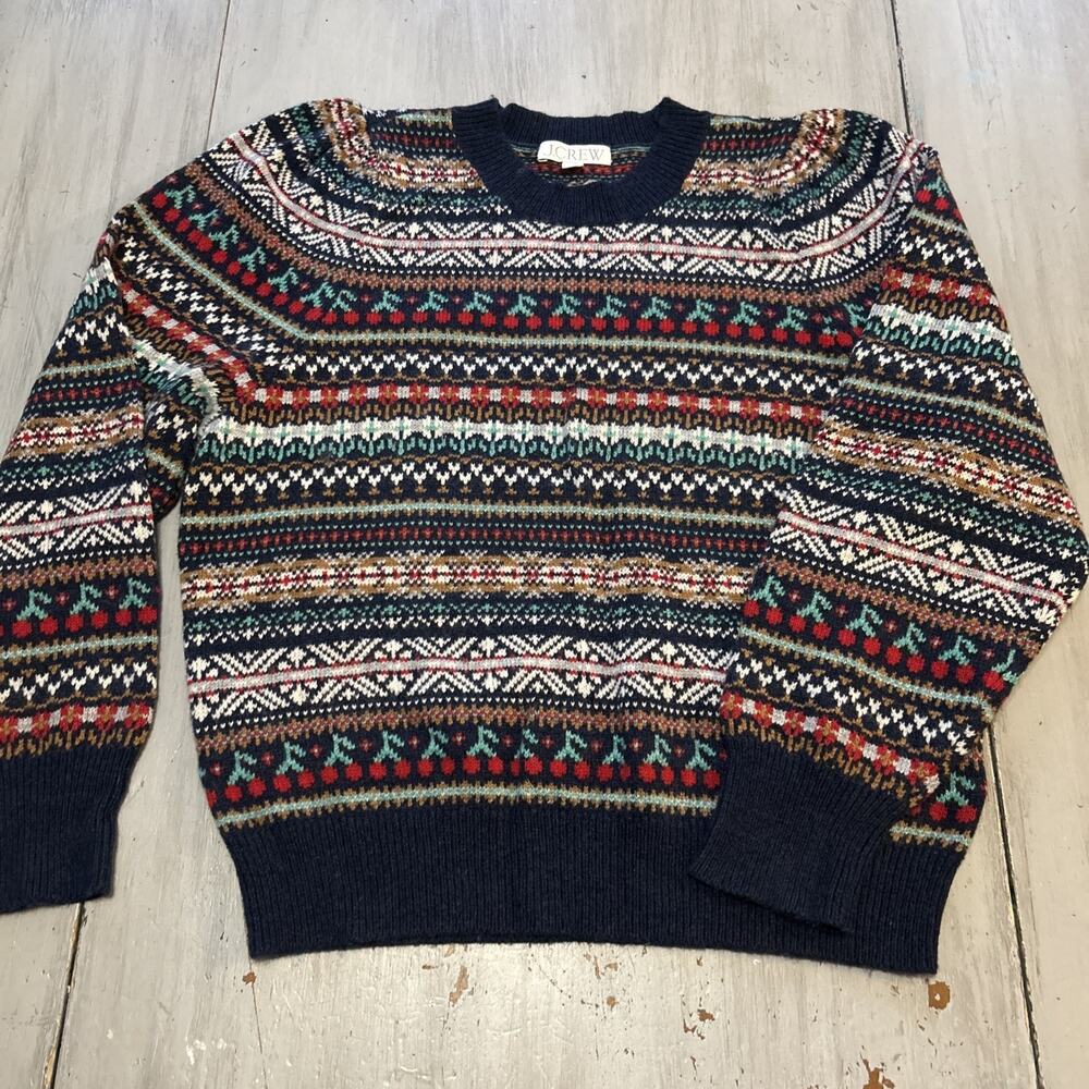 J Crew Cherry Fair Isle Puff Sleeve Lambswool Blend Sweater Sz M Cottagecore